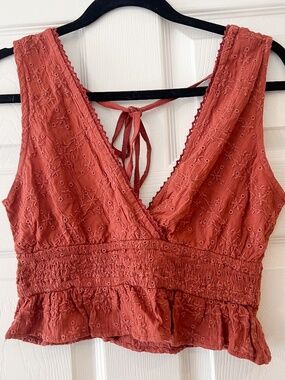 Angie Eyelet Embroidered Cropped Tank Top Dusty Rose Boho Summer Tie Front